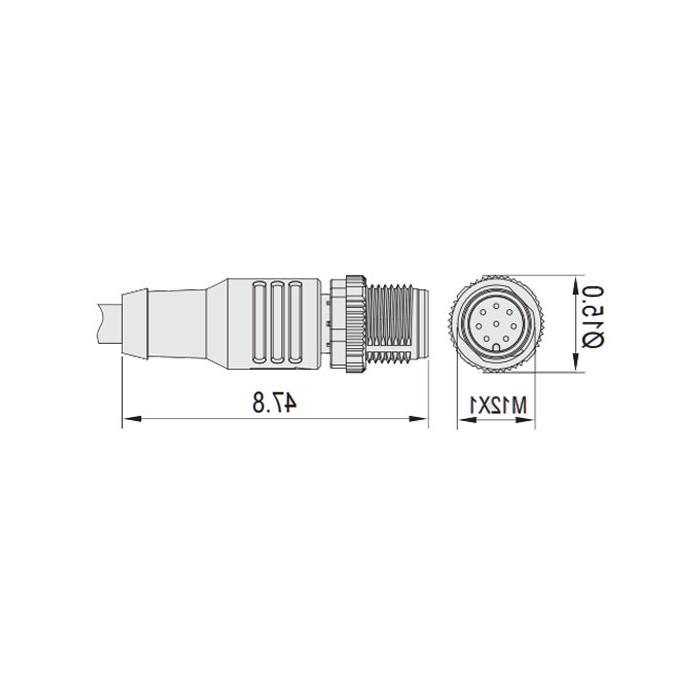 M12 8Pin、公头直型、单端预铸PVC非柔性电缆、灰色护套、64S365-XXX